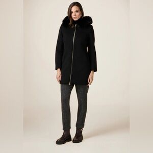 LIZ CLAIBORNE | Black Wool Hooded Pea Coat with Fur Accent
